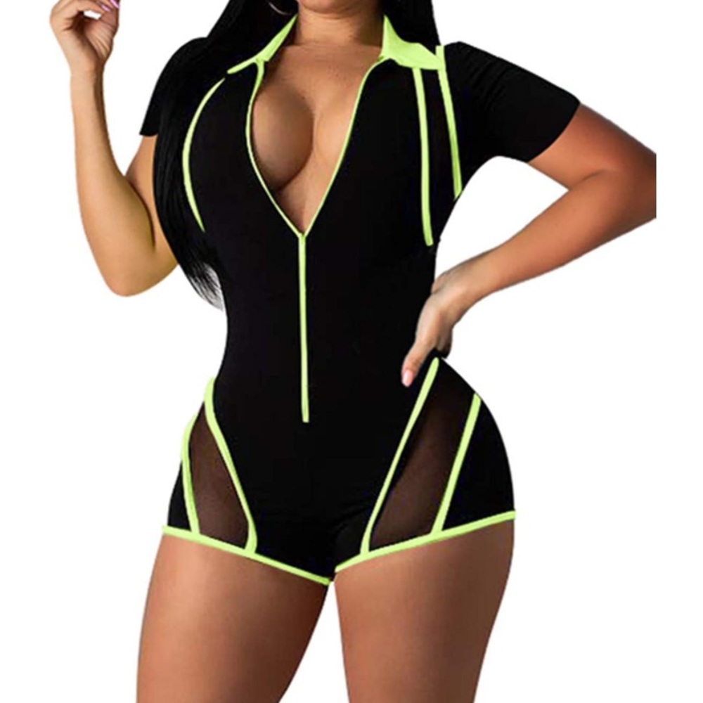 Women's Sexy One Piece Bodycon Romper Club Outfits Front Zipper Shorts Jumpsuit